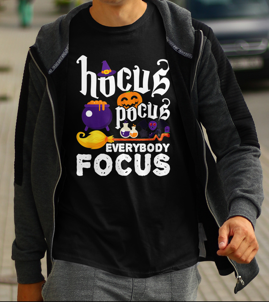 Hocus Pocus Everybody Focus Funny Halloween Costume Cauldron Pumpkin Broom Bat Potions T-Shirt
