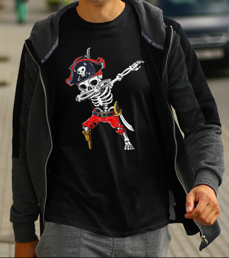 Dabbing Skeleton Pirate With Skull Hat And Sword T-Shirt