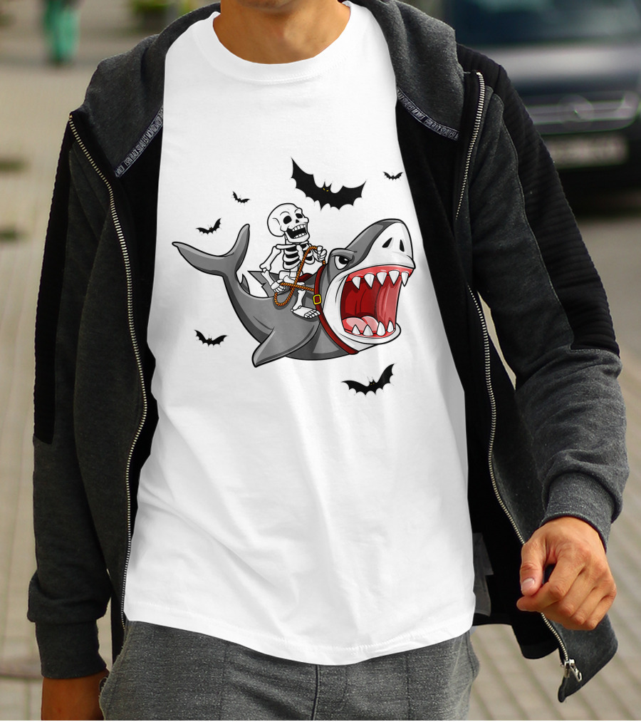Skeleton Riding Shark With Bats T-Shirt