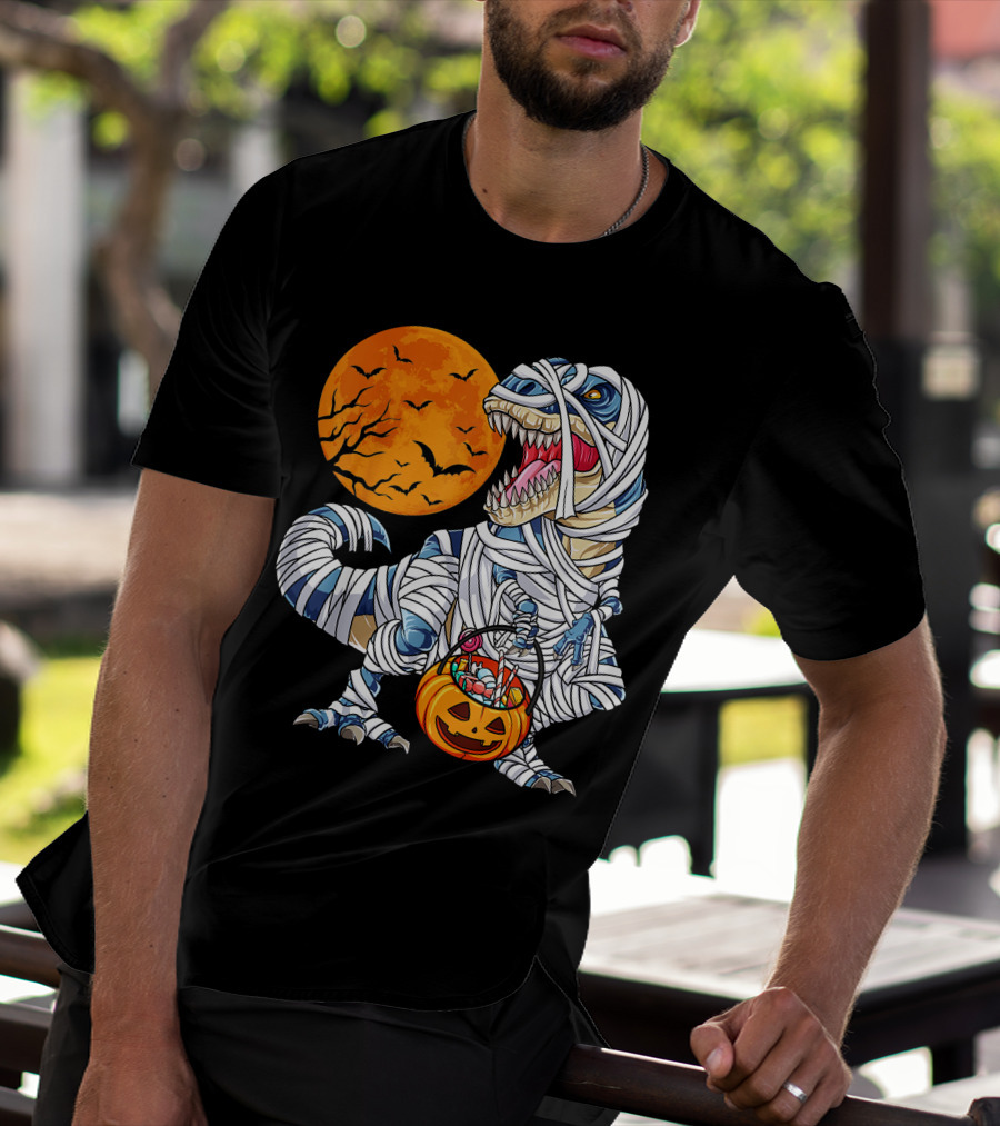 Halloween Dinosaur T-Rex Mummy Pumpkin Moon Bats T-Shirt