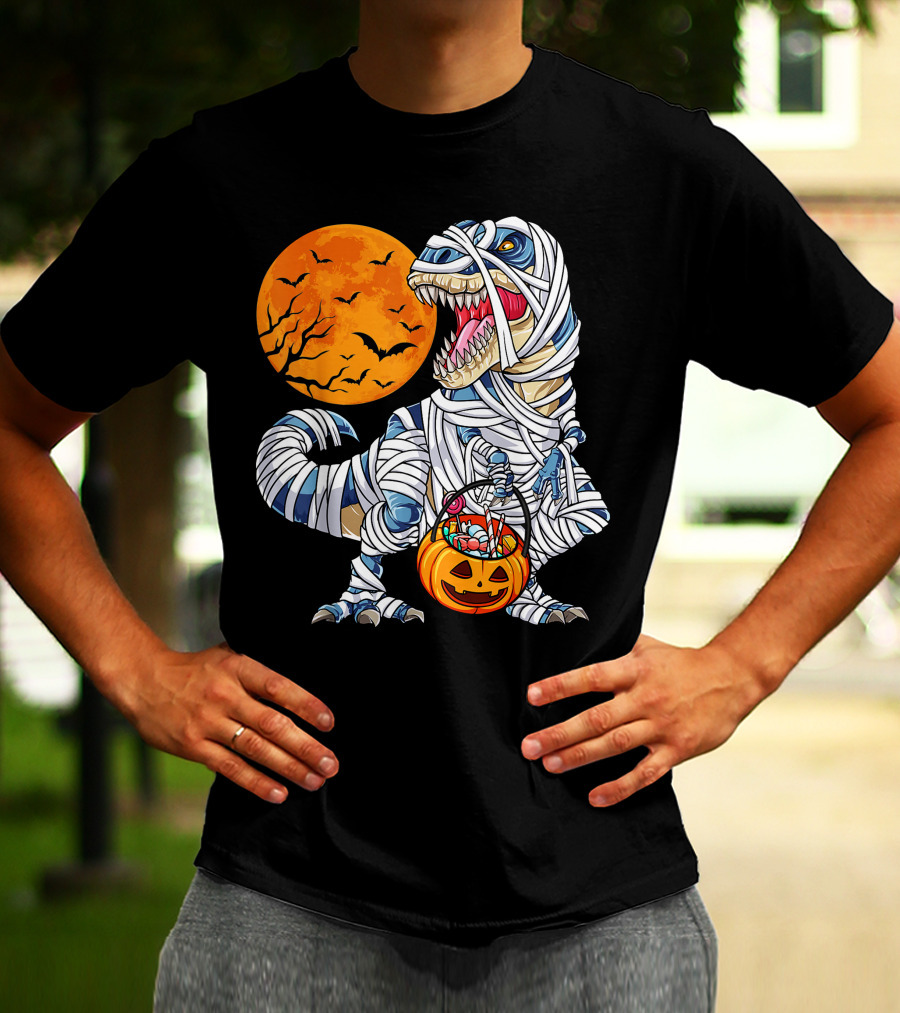 Halloween Dinosaur T-Rex Mummy Pumpkin Moon Bats T-Shirt