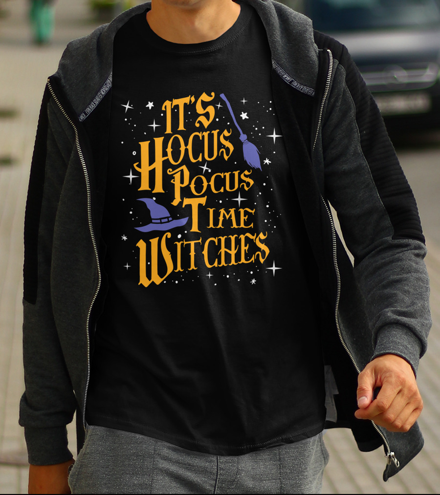 Halloween It's Hocus Pocus Time Witches With Stars Broom And Hat T-Shirt