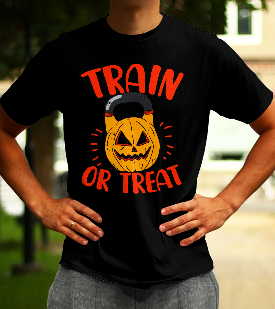 Train Or Treat Pumpkin Kettlebell T-Shirt