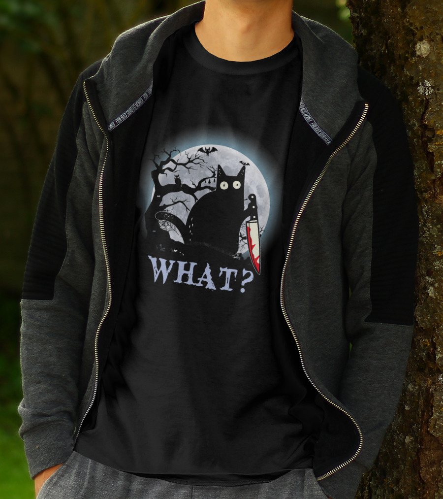 What? Black Cat With Knife Moon Halloween Scene T-Shirt