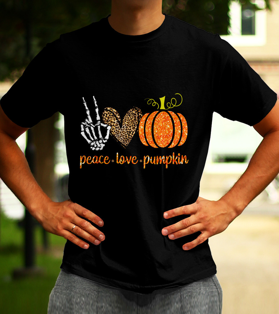 Peace Love Pumpkin Halloween Fall Girls Skeleton Leopard Print T-Shirt