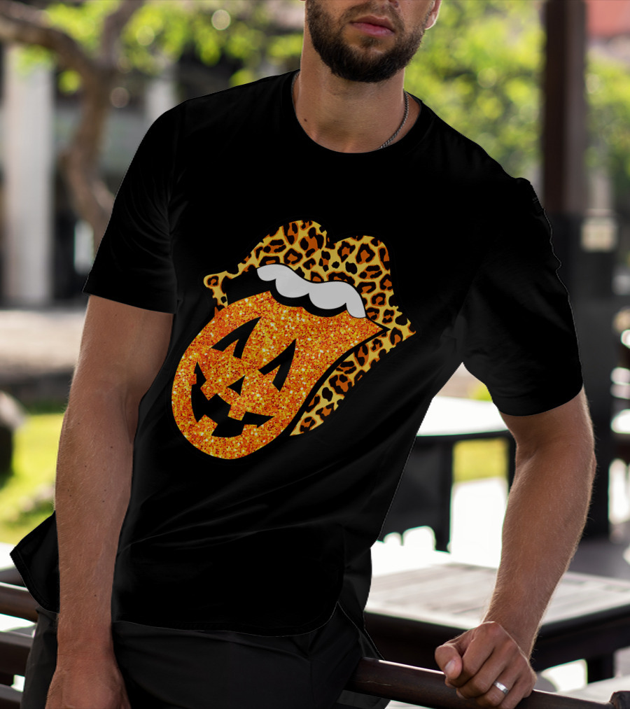 Leopard Lips Pumpkin Tongue Halloween Jack-O'-Lantern Face T-Shirt