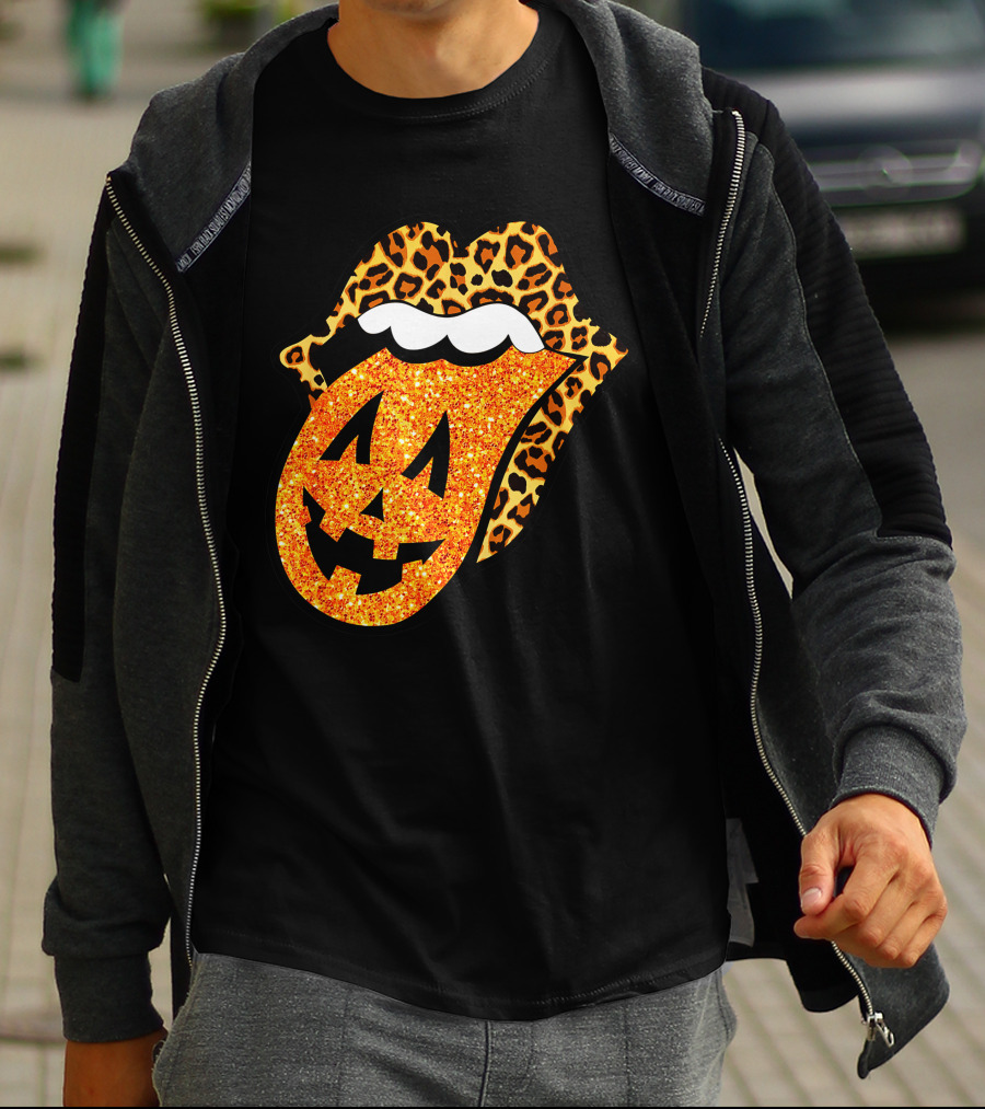 Leopard Lips Pumpkin Tongue Halloween Jack-O'-Lantern Face T-Shirt