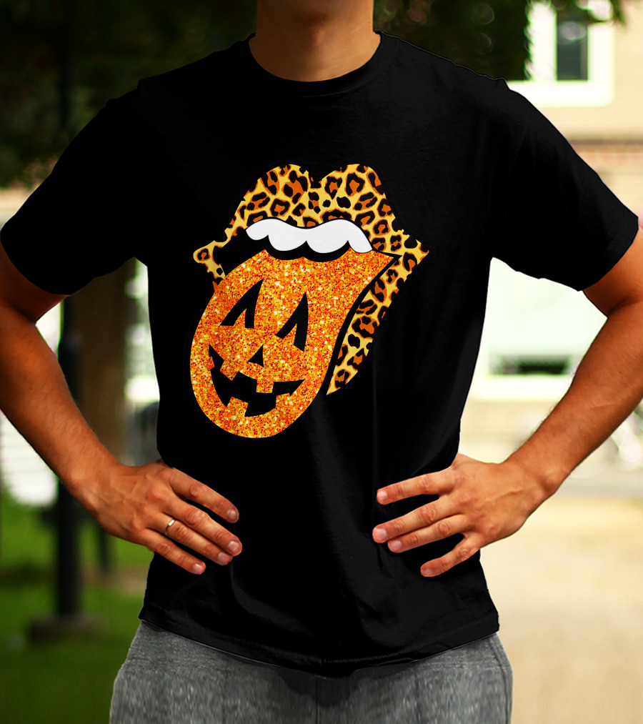 Leopard Lips Pumpkin Tongue Halloween Jack-O'-Lantern Face T-Shirt