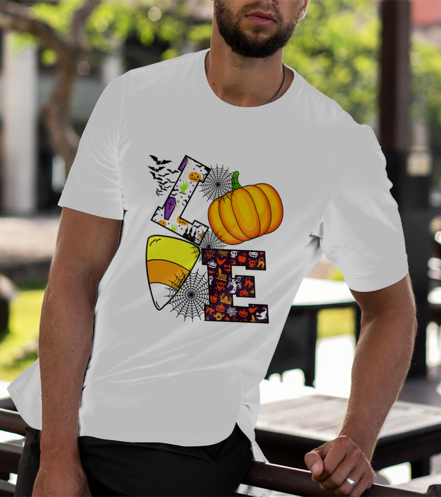 Love Pumpkin Candy Corn Halloween Spiderweb Bats Ghosts T-Shirt