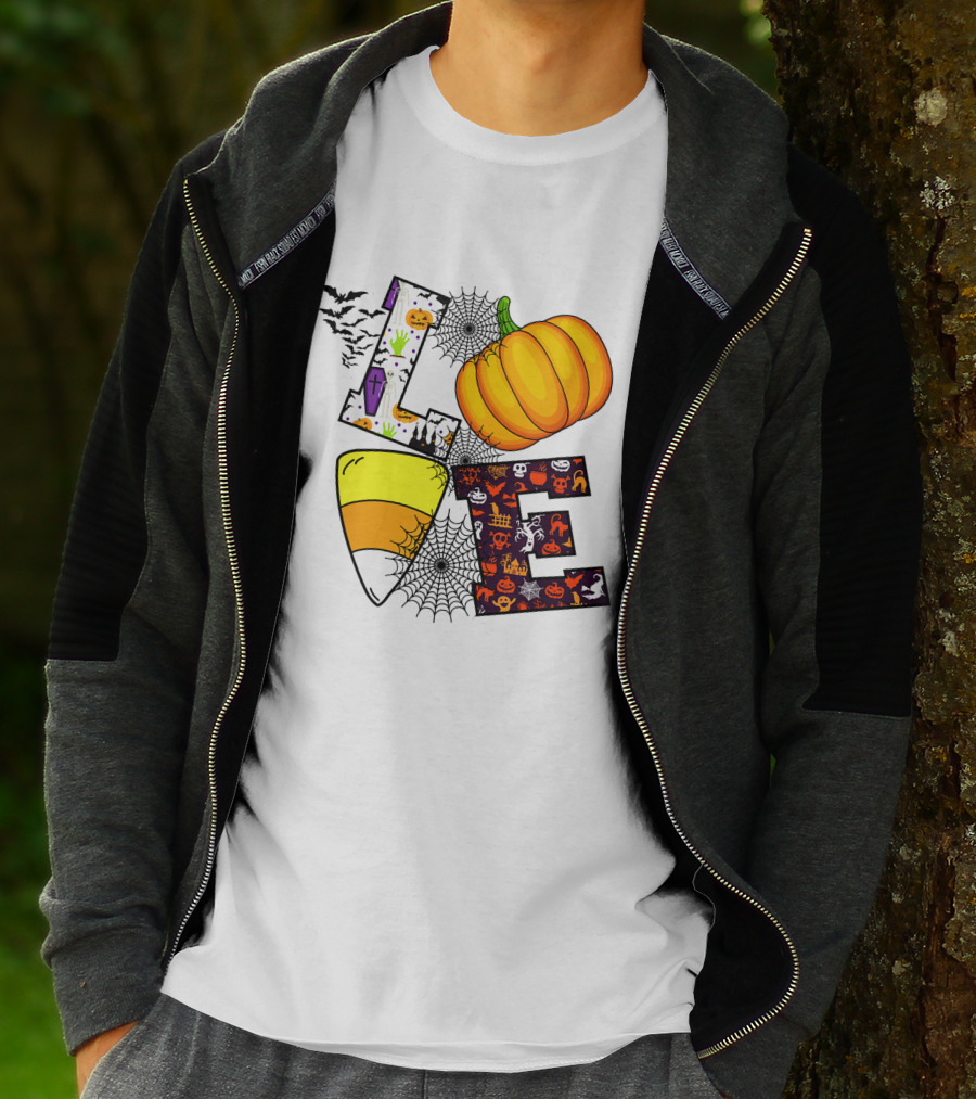 Love Pumpkin Candy Corn Halloween Spiderweb Bats Ghosts T-Shirt