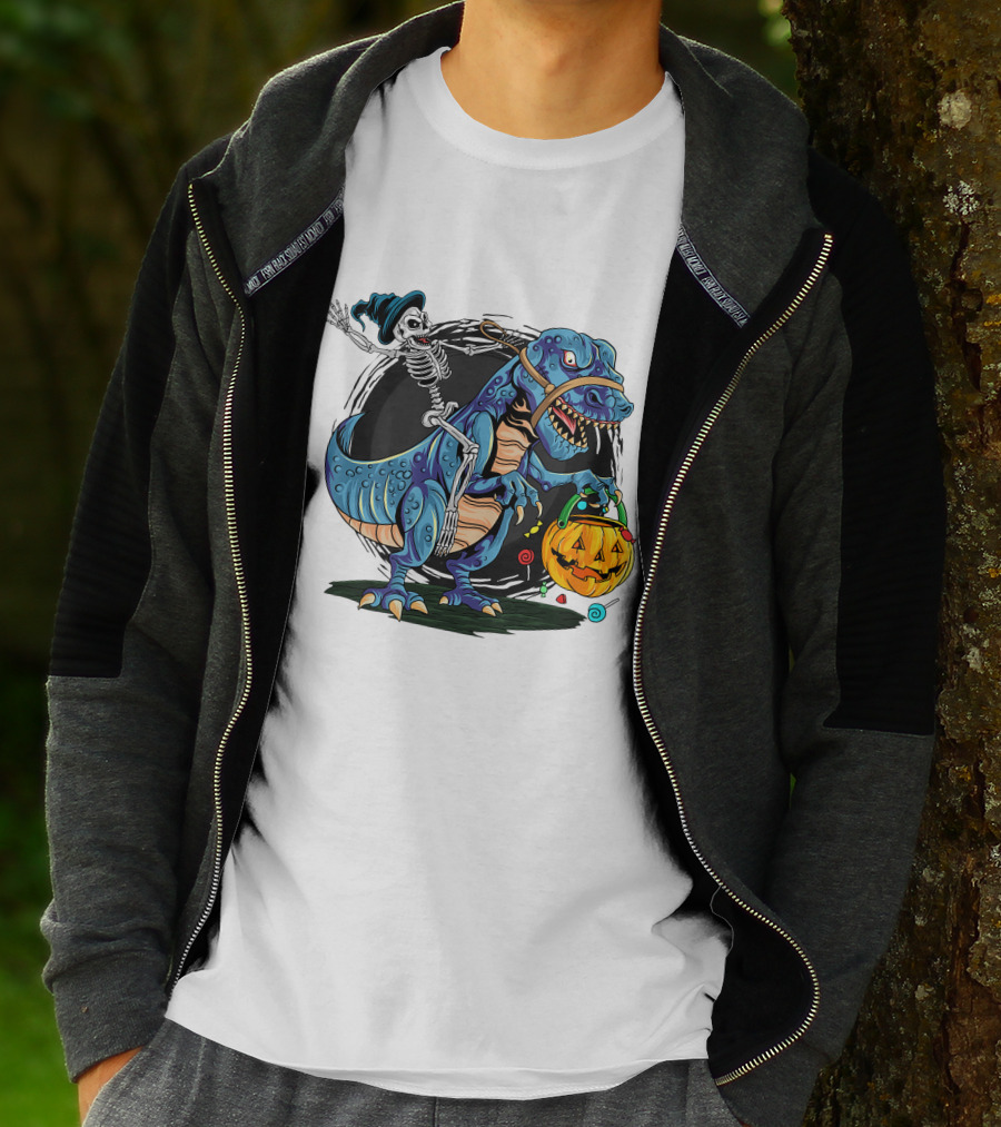 Skeleton Riding Dinosaur Halloween Candy Pumpkin Monster T-Shirt
