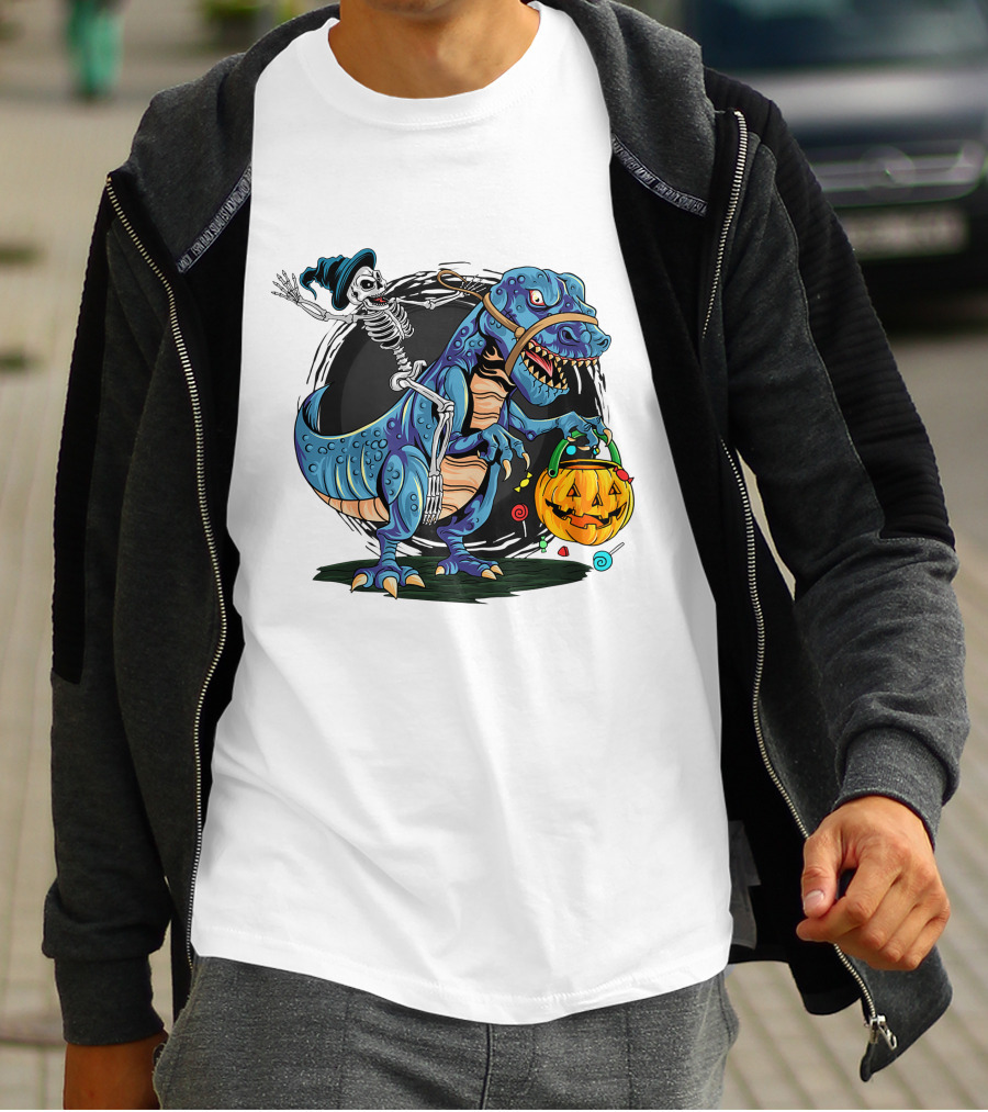Skeleton Riding Dinosaur Halloween Candy Pumpkin Monster T-Shirt