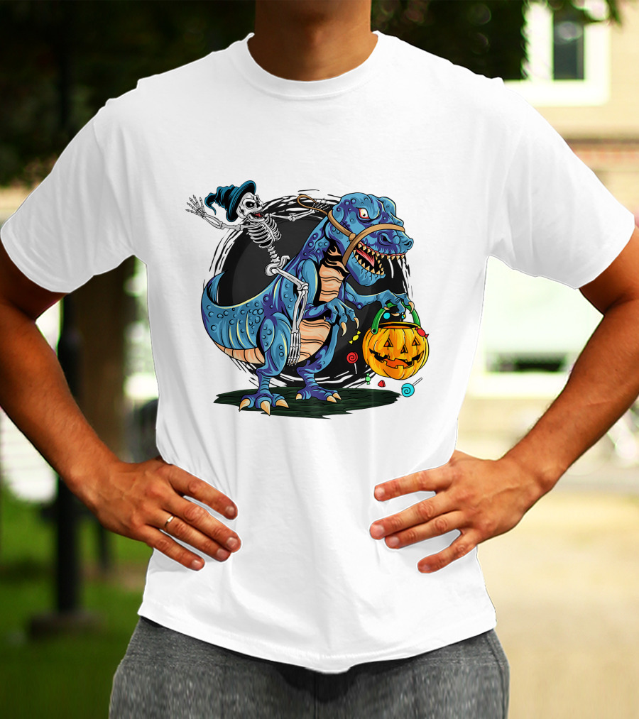 Skeleton Riding Dinosaur Halloween Candy Pumpkin Monster T-Shirt