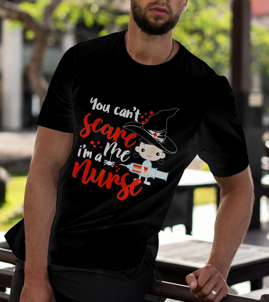 You Can't Scare Me I'm A Nurse Halloween Witch Hat Syringe T-Shirt