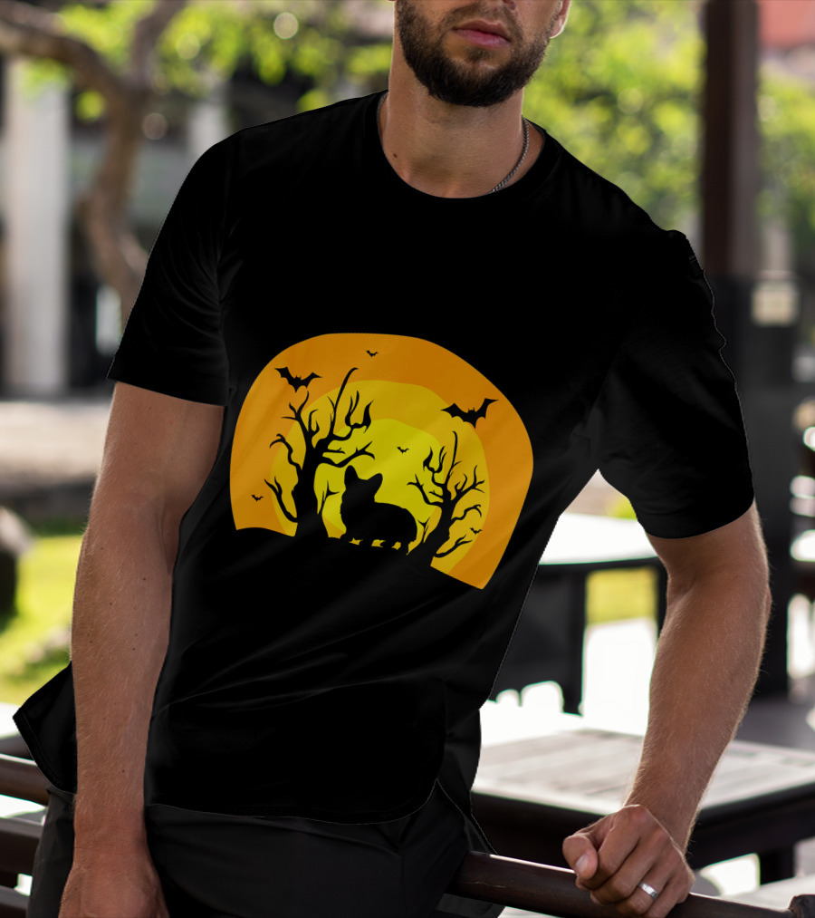 Corgi Dog Bat Halloween Silhouette With Moon And Trees T-Shirt