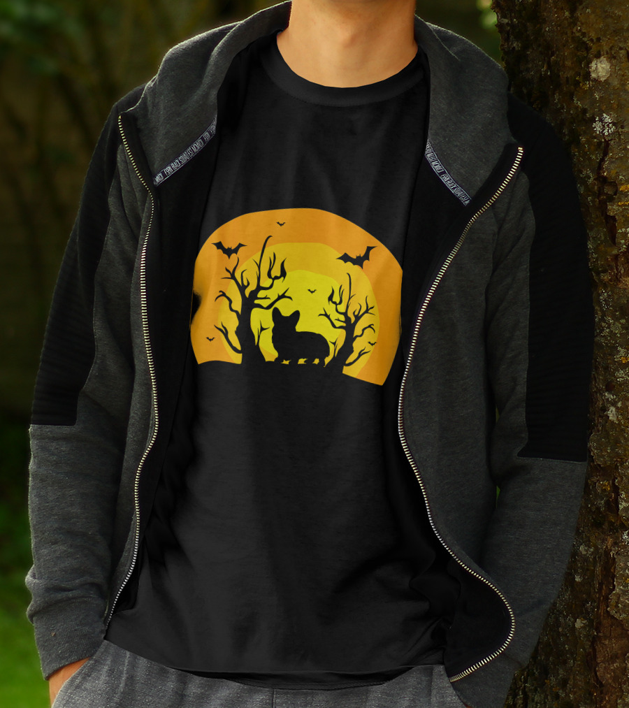 Corgi Dog Bat Halloween Silhouette With Moon And Trees T-Shirt