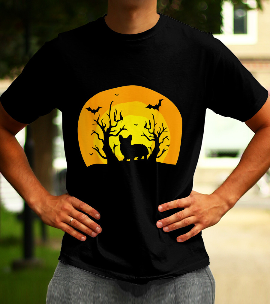 Corgi Dog Bat Halloween Silhouette With Moon And Trees T-Shirt
