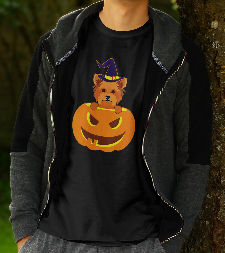 Yorkie Witch Hat Pumpkin Halloween Yorkshire Terrier T-Shirt