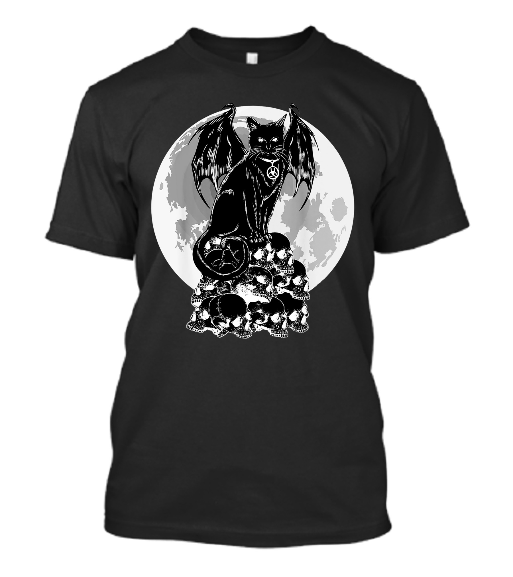 Halloween Cat Wings Skulls Moon Creepy Peace Sign T-Shirt