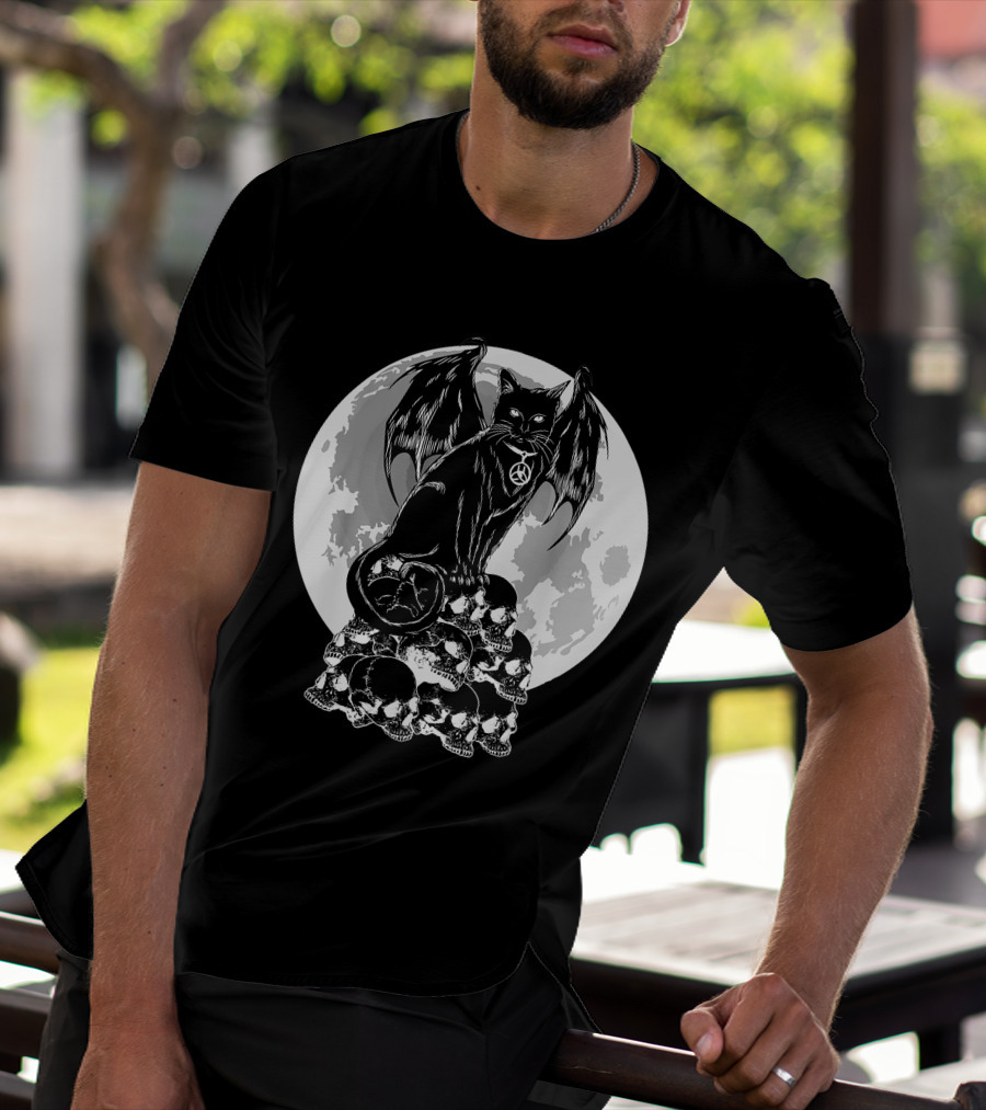 Halloween Cat Wings Skulls Moon Creepy Peace Sign T-Shirt