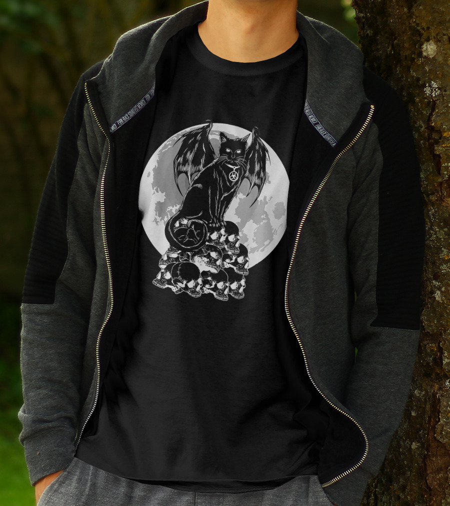 Halloween Cat Wings Skulls Moon Creepy Peace Sign T-Shirt