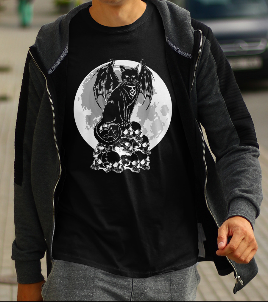 Halloween Cat Wings Skulls Moon Creepy Peace Sign T-Shirt