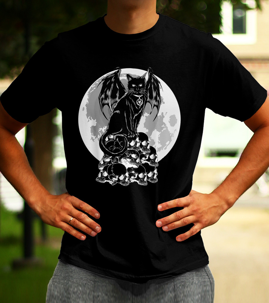 Halloween Cat Wings Skulls Moon Creepy Peace Sign T-Shirt