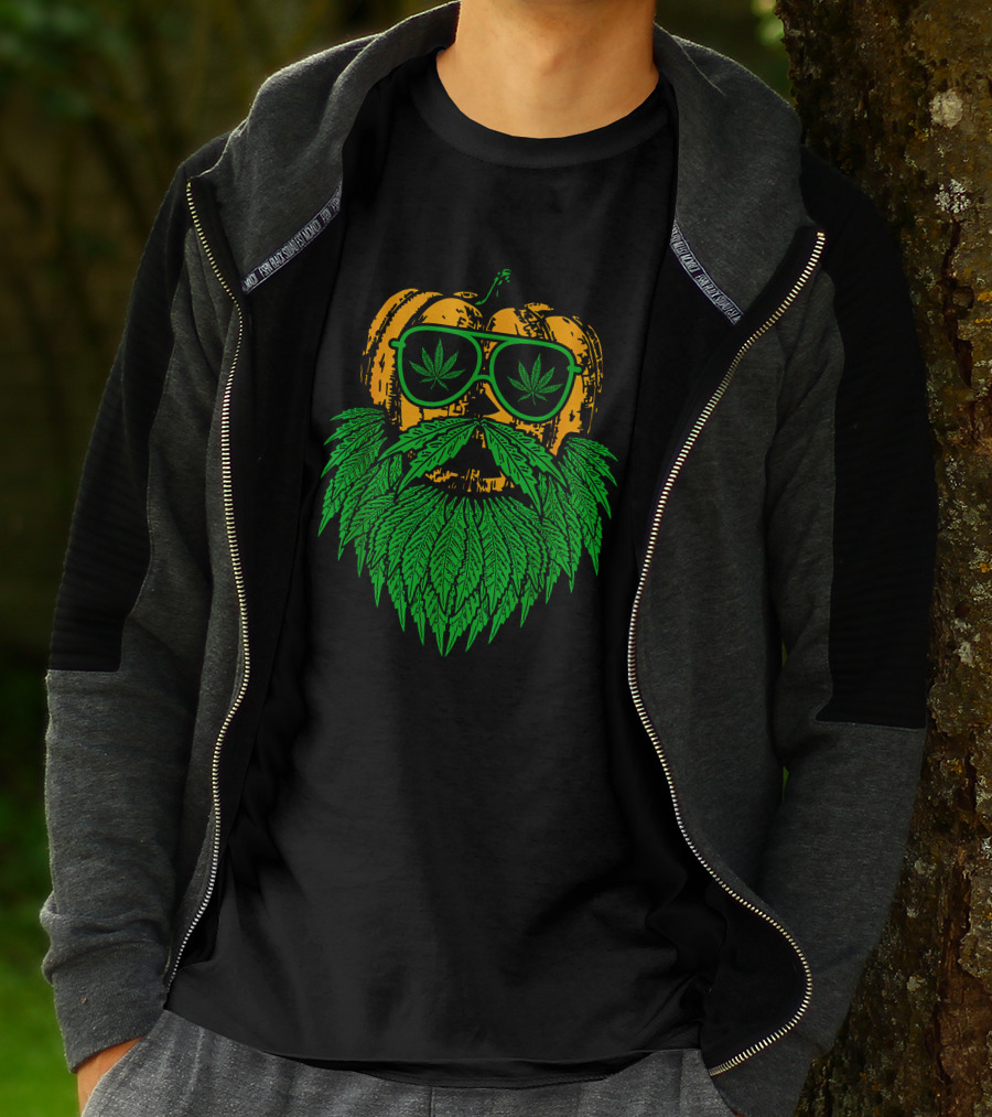 Weed Leaf Bearded Pumpkin With Sunglasses Costume Cool T-Shirt
