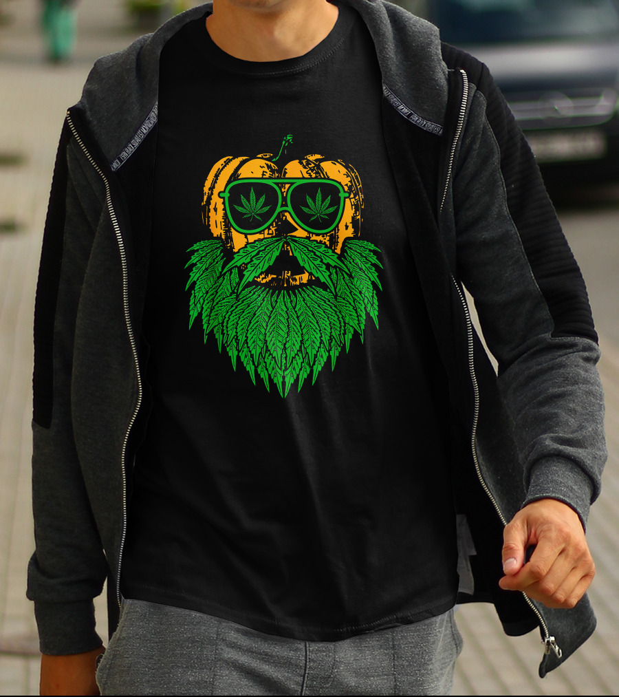 Weed Leaf Bearded Pumpkin With Sunglasses Costume Cool T-Shirt