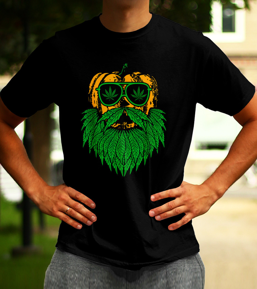 Weed Leaf Bearded Pumpkin With Sunglasses Costume Cool T-Shirt