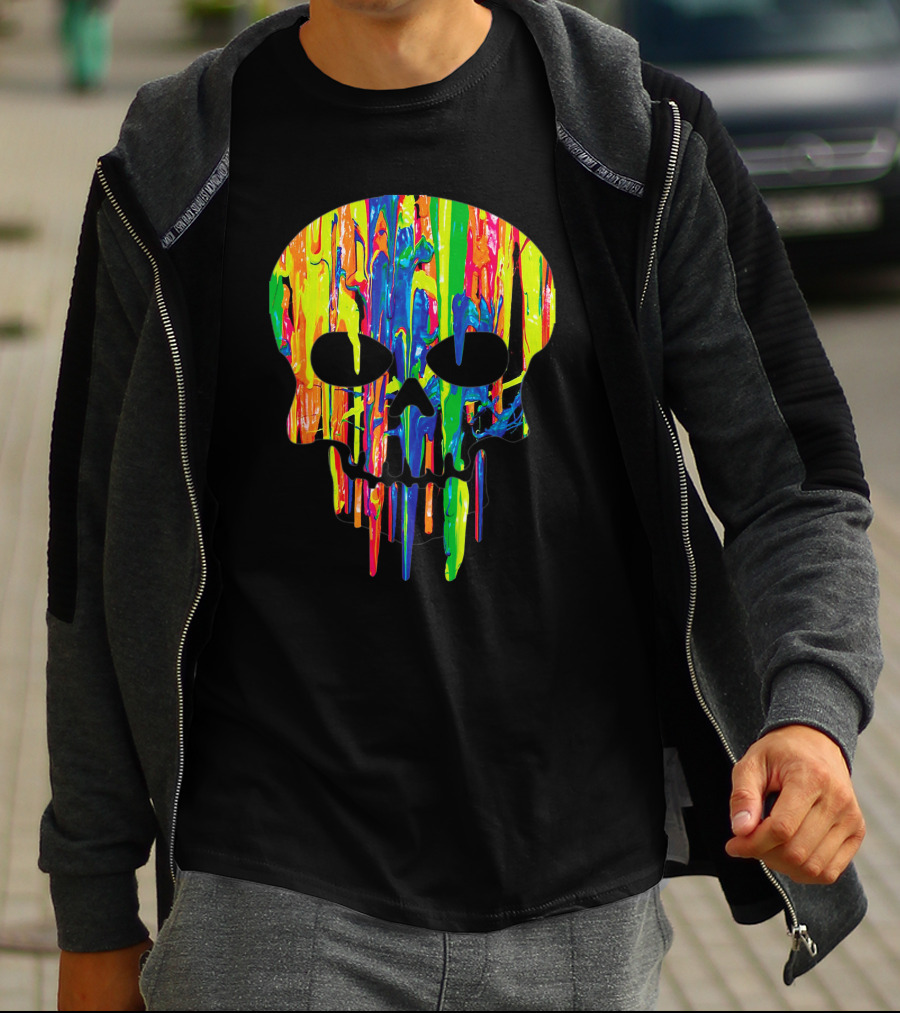 Colorful Melting Skull Cool Neon Drip Skull T-Shirt