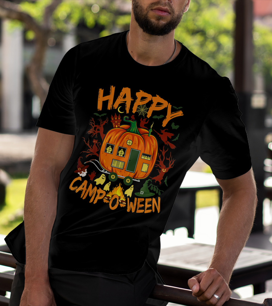 Happy Camp O Ween Funny Halloween Camping Camper Pumpkin Ghosts Witch Hat Spooky Fire T-Shirt