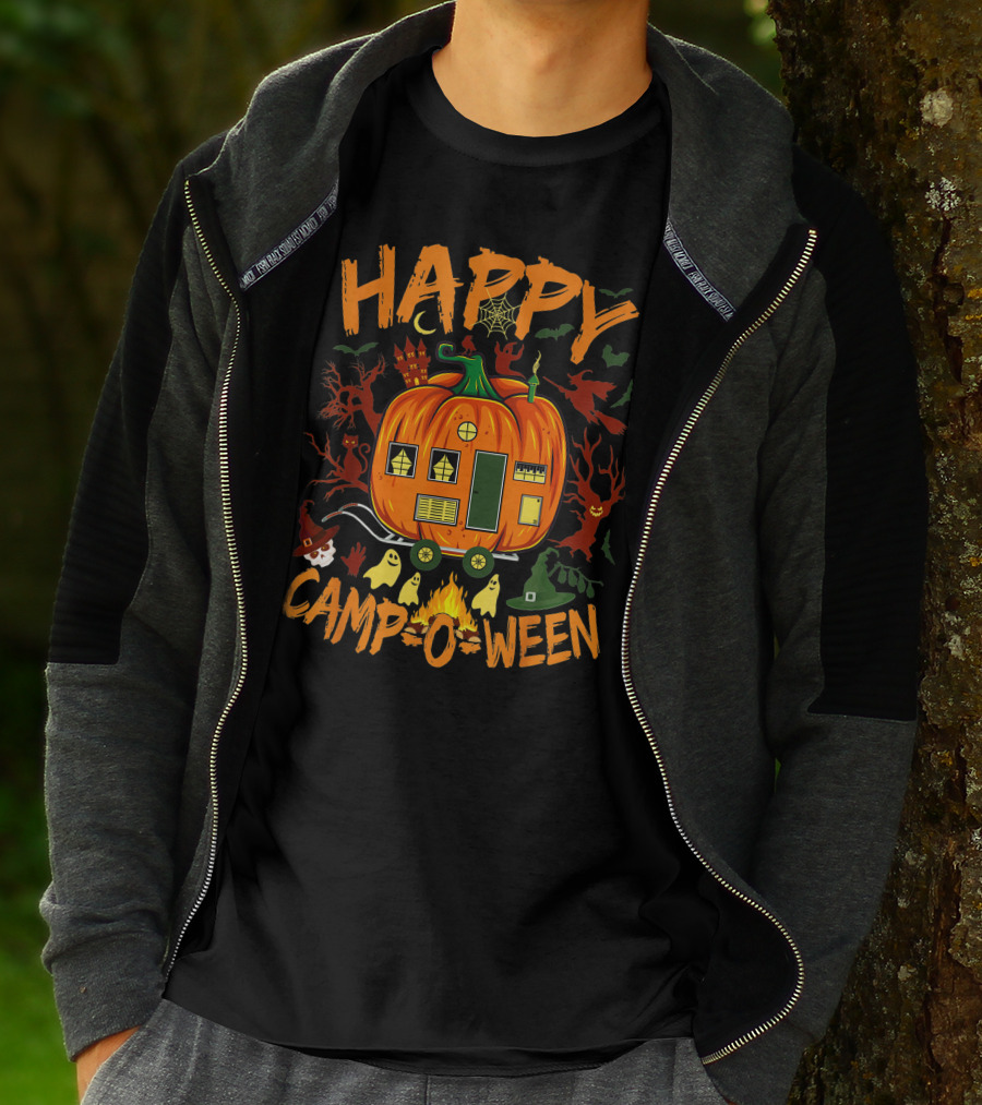 Happy Camp O Ween Funny Halloween Camping Camper Pumpkin Ghosts Witch Hat Spooky Fire T-Shirt