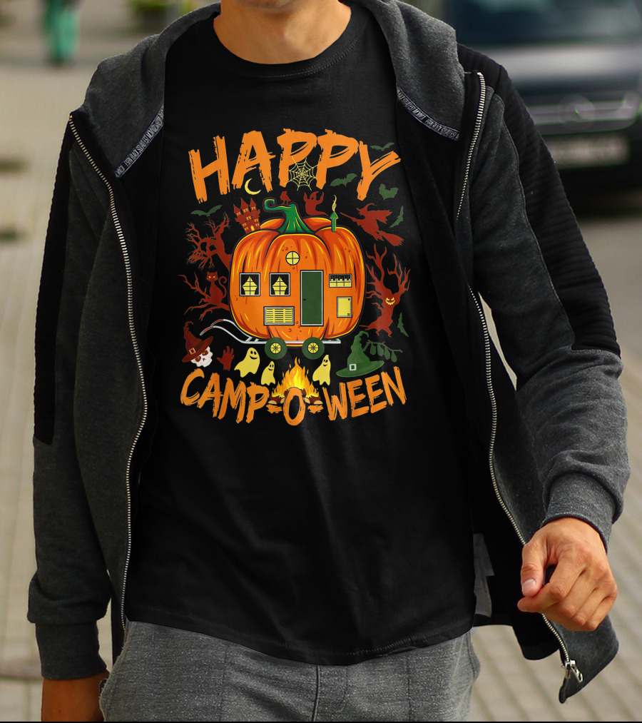 Happy Camp O Ween Funny Halloween Camping Camper Pumpkin Ghosts Witch Hat Spooky Fire T-Shirt