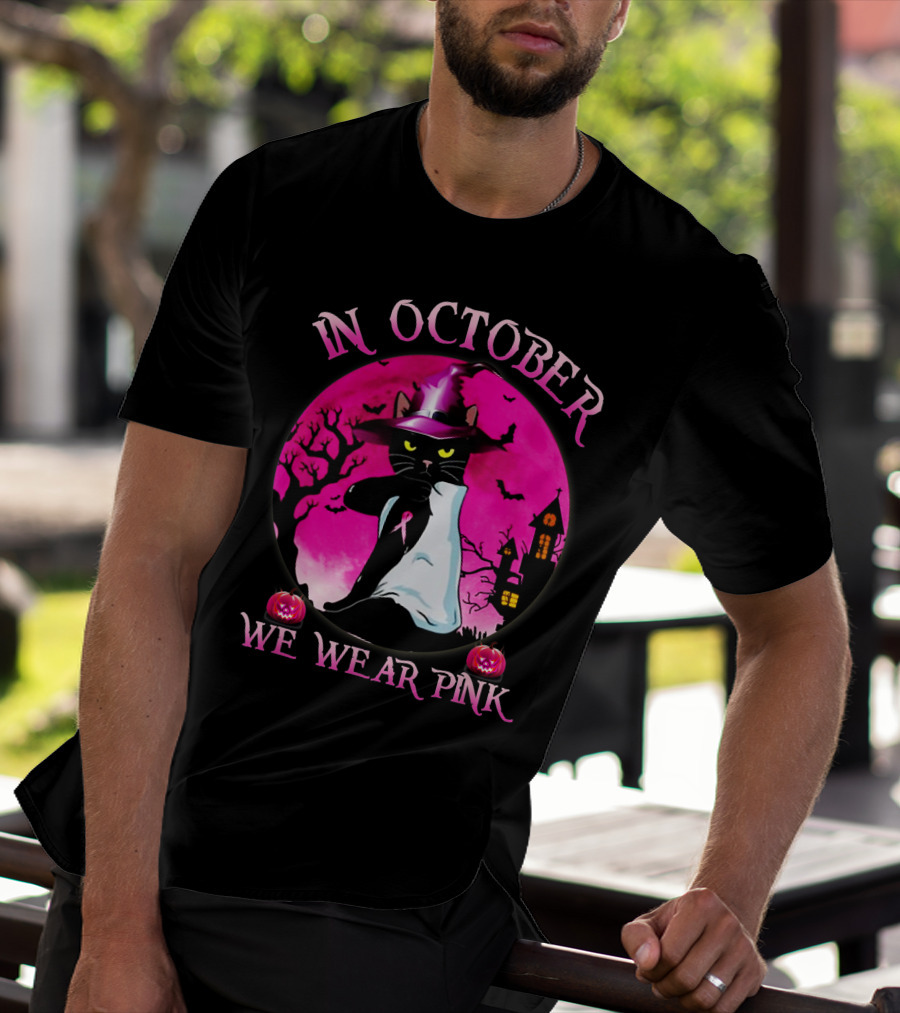 In October We Wear Pink Cat Halloween Pink Ribbon Moon Bats Jack O'Lanterns T-Shirt