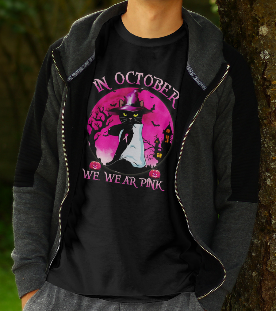 In October We Wear Pink Cat Halloween Pink Ribbon Moon Bats Jack O'Lanterns T-Shirt