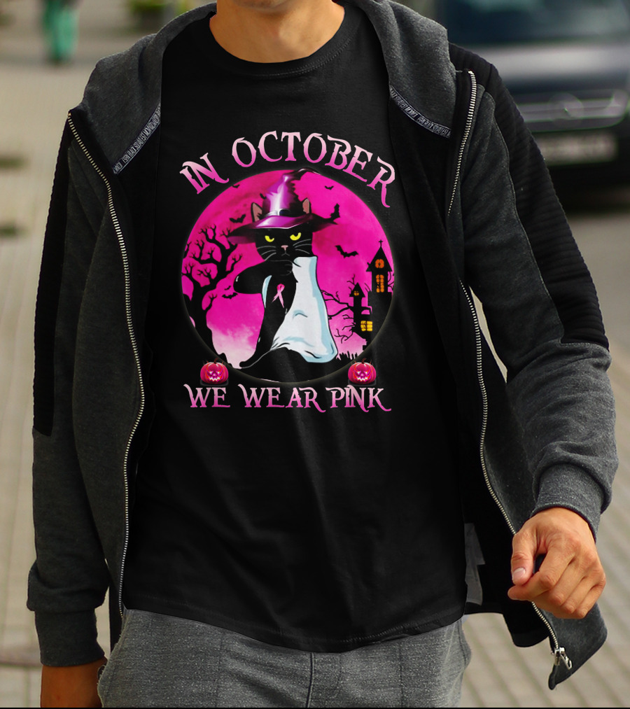 In October We Wear Pink Cat Halloween Pink Ribbon Moon Bats Jack O'Lanterns T-Shirt