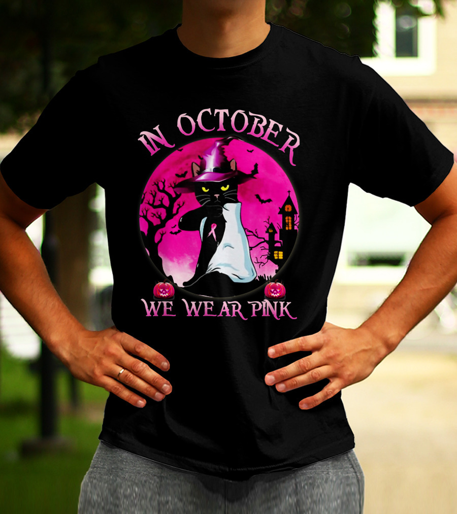 In October We Wear Pink Cat Halloween Pink Ribbon Moon Bats Jack O'Lanterns T-Shirt
