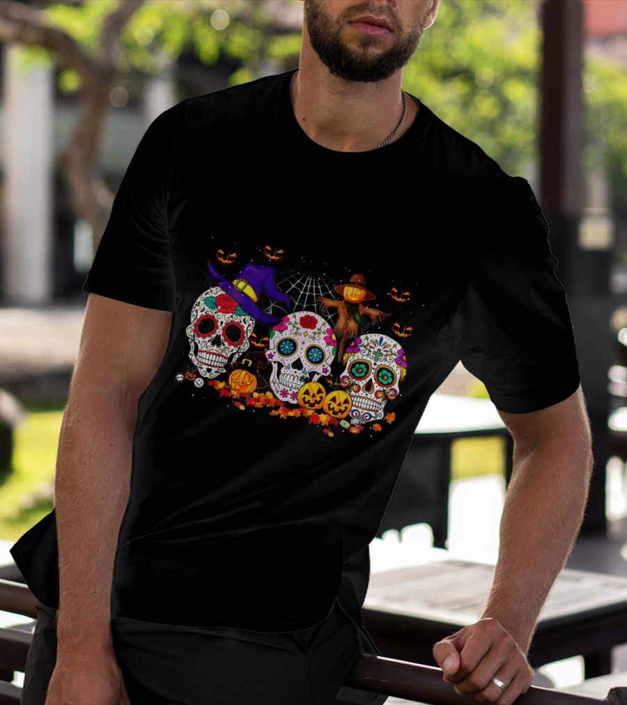 Sugar Skull Halloween Pumpkins And Scarecrow Scene T-Shirt