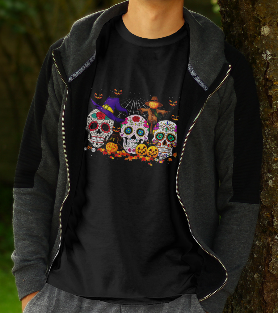 Sugar Skull Halloween Pumpkins And Scarecrow Scene T-Shirt