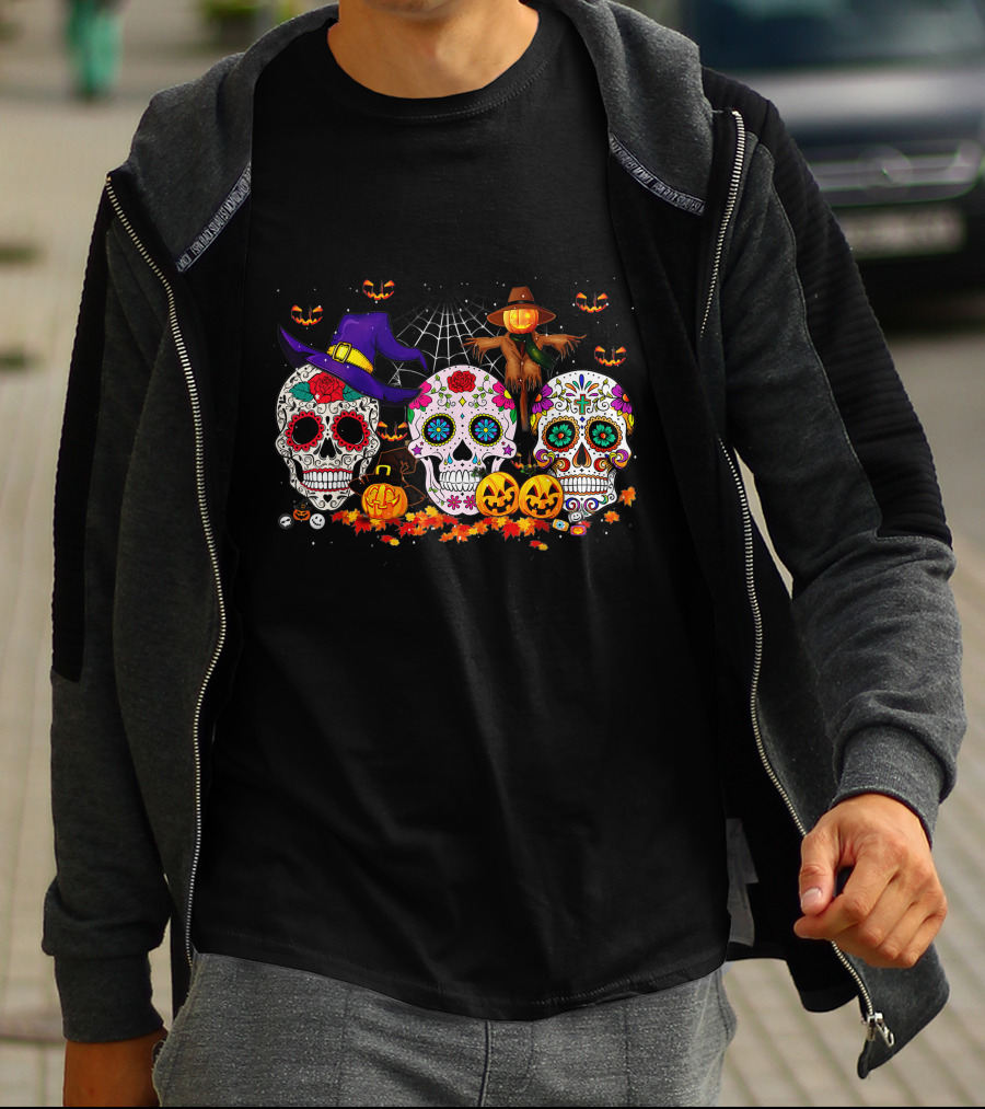 Sugar Skull Halloween Pumpkins And Scarecrow Scene T-Shirt