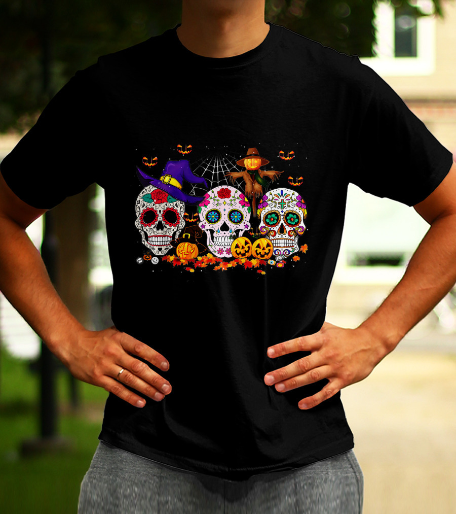 Sugar Skull Halloween Pumpkins And Scarecrow Scene T-Shirt
