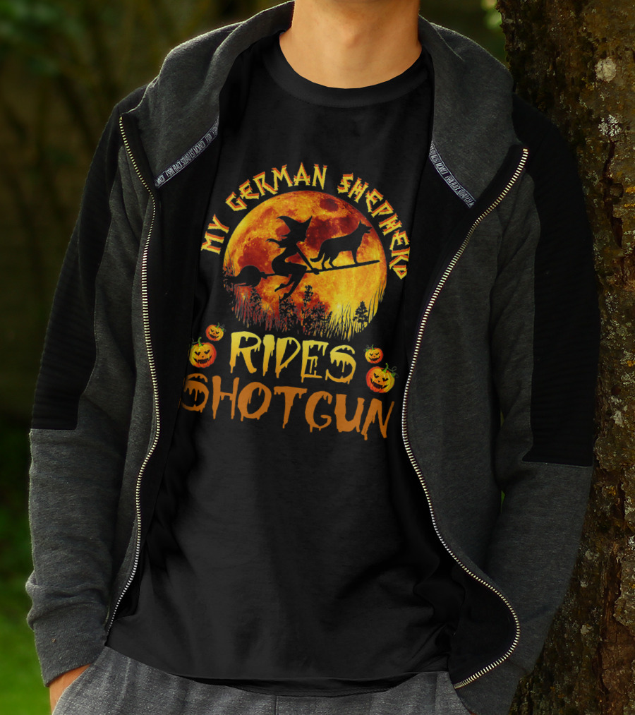 My German Shepherd Rides Shotgun Witch Halloween Pumpkins Moon T-Shirt