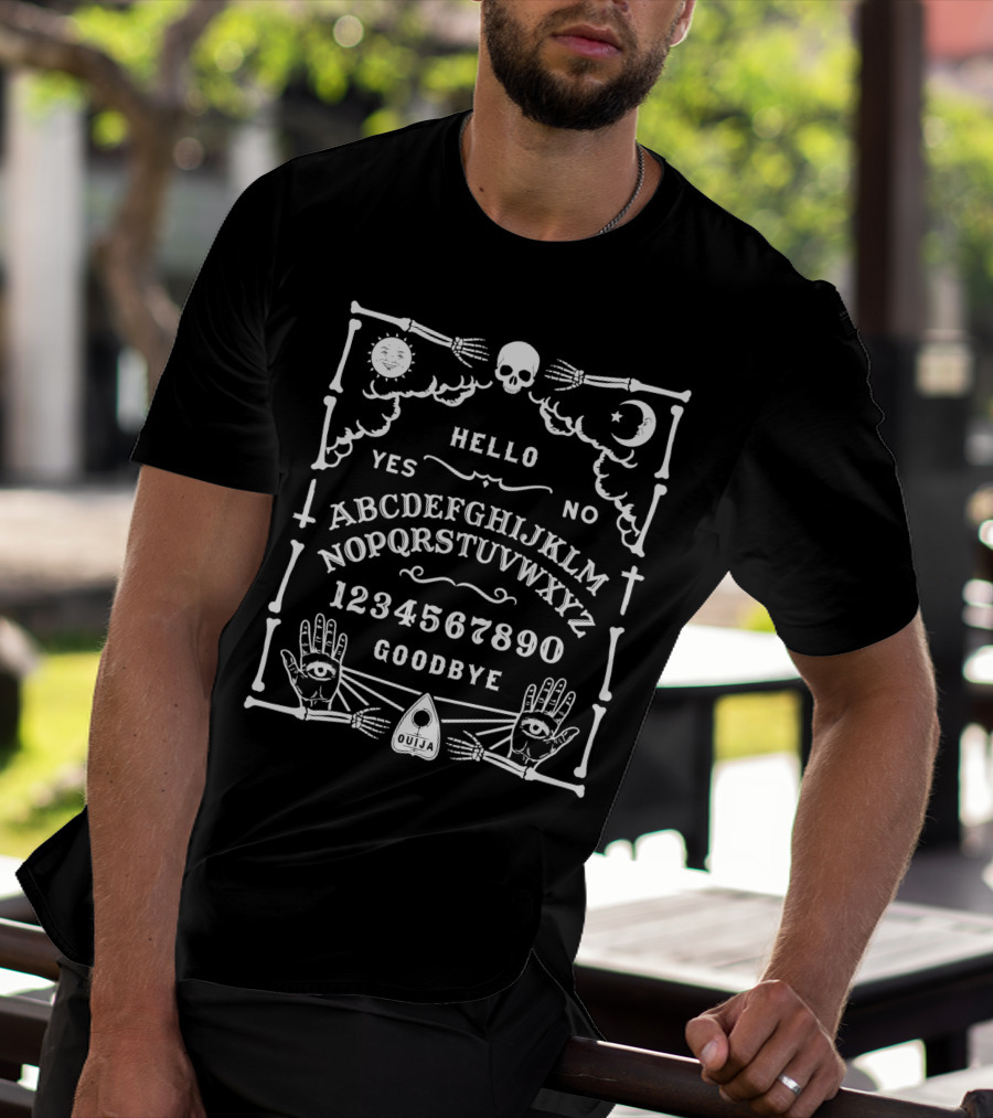 Hello Yes No Spirit Sun Moon Skull Skeleton Ouija Board Alphabet 1234567890 Goodbye Wiccan Witchcraft Occult T-Shirt