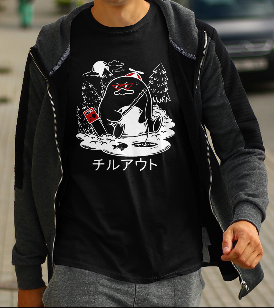 Isaacwhy Merch Chill Out Penguin With Chainsaw And Fishing Rod T-Shirt