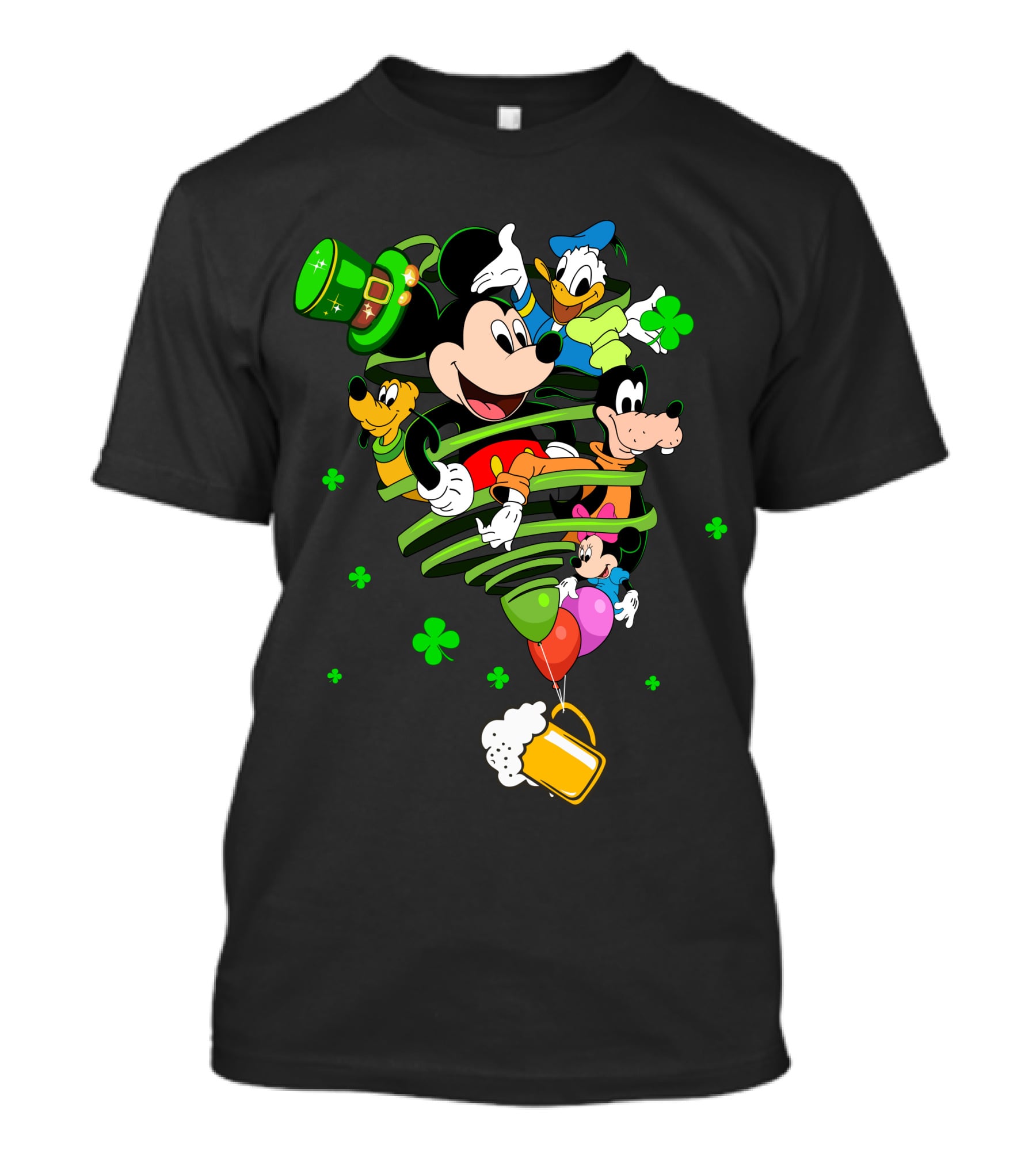 Mickey Mouse Donald Duck Goofy St. Patrick's Day Celebration With Shamrocks And Beer Mug T-Shirt