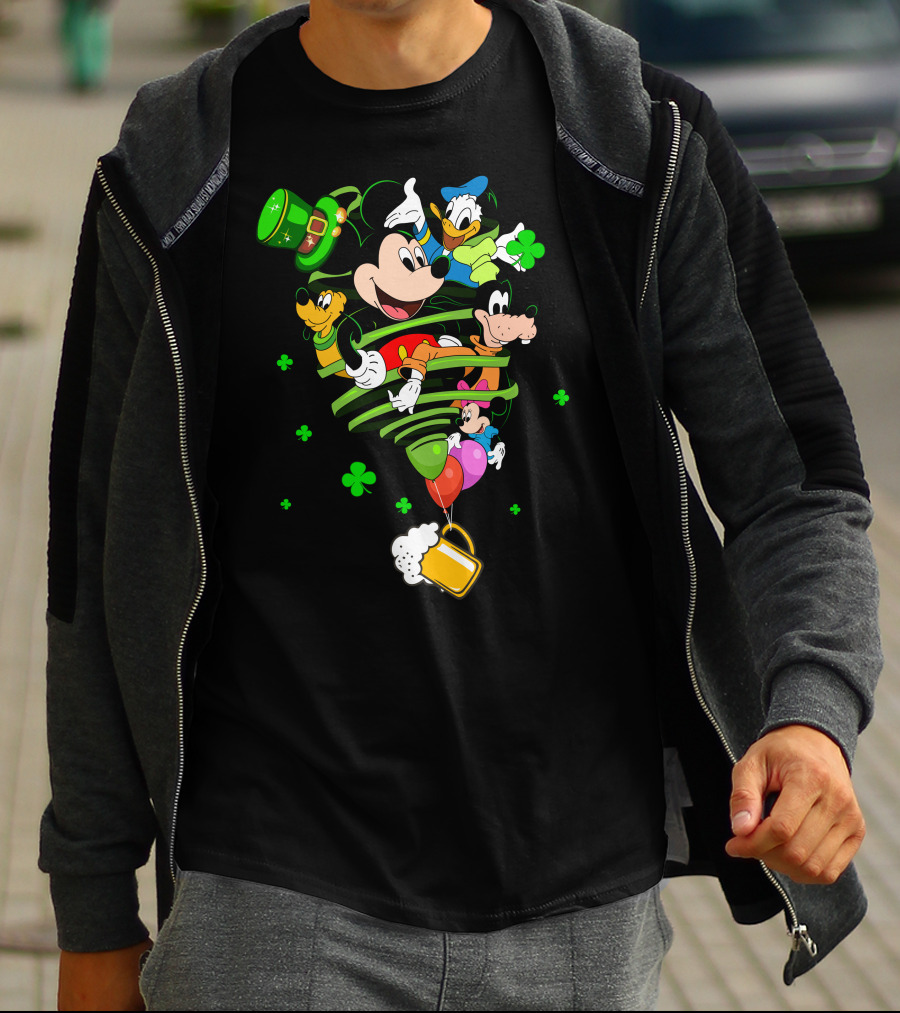 Mickey Mouse Donald Duck Goofy St. Patrick's Day Celebration With Shamrocks And Beer Mug T-Shirt
