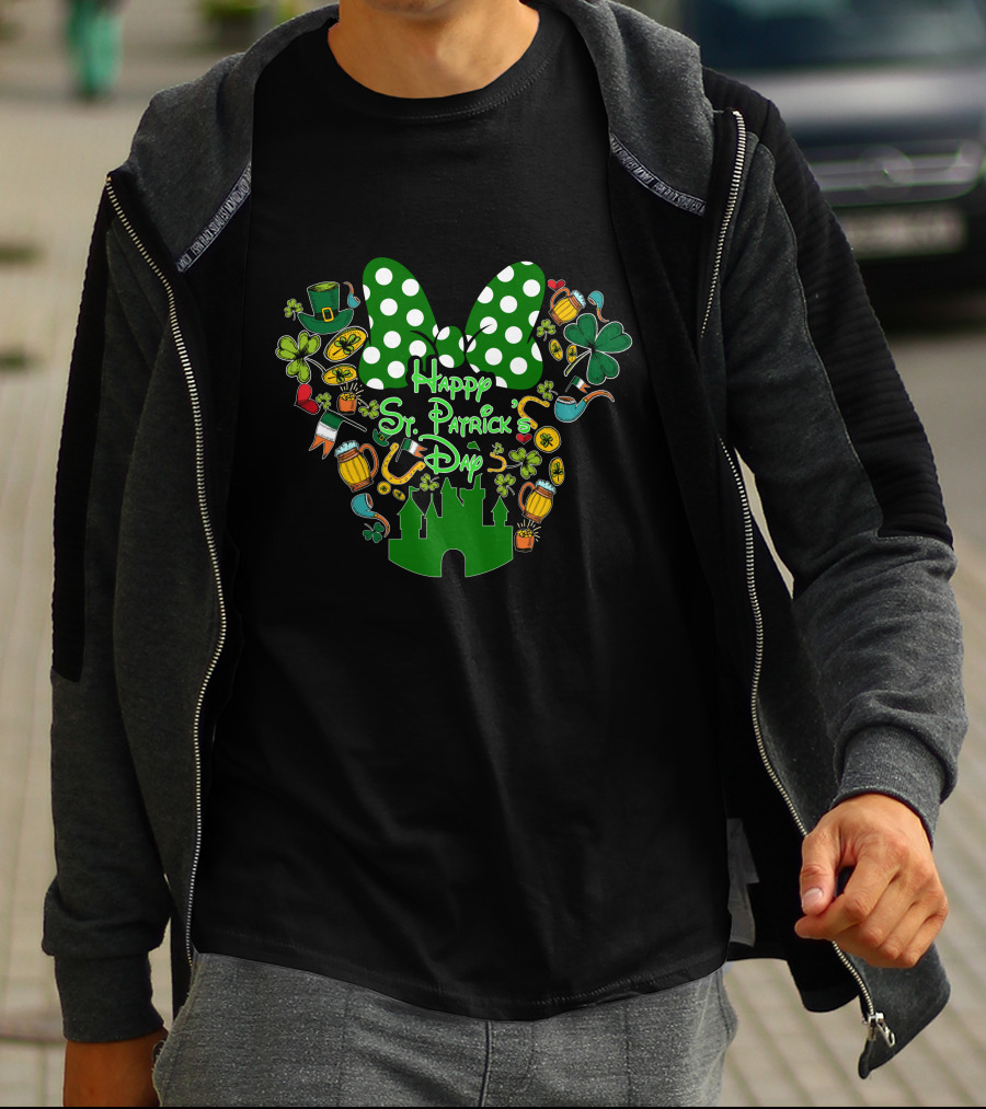 Happy St. Patrick's Day Green White Polka Dot Bow And Shamrocks T-Shirt