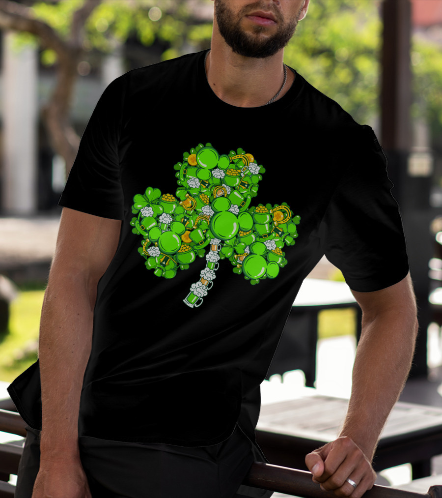 Shamrock Mickey Mouse St. Patrick's Day Beer Mugs And Gold Coins T-Shirt