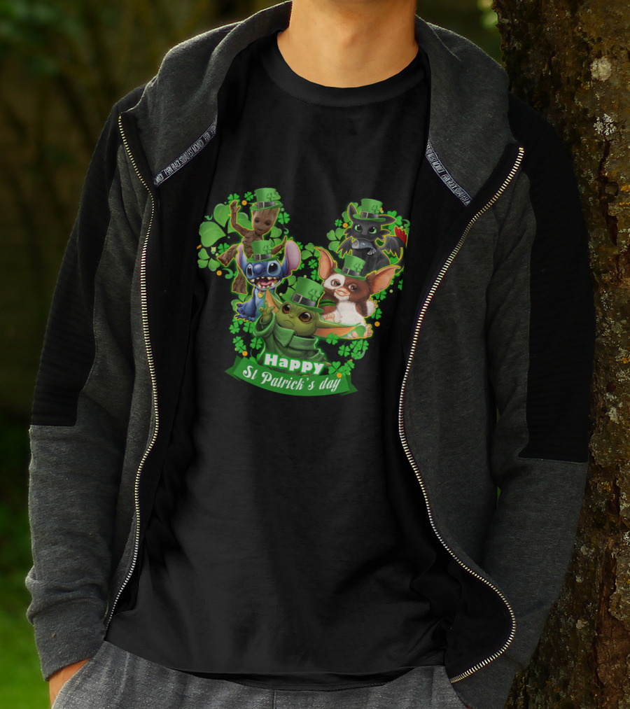 BBYD And Friends Happy St Patrick's Day Groot Gizmo Stitch Mandalorian Baby Yoda Toothless T-Shirt